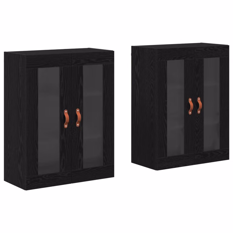Set de 2 armarios de pared modernos vidaXL en roble y negro con puertas de cristal, An: 69,5 cm, P: 34 cm, Al: 90 cm