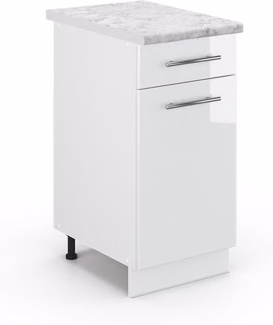 Mueble bajo de cocina Vicco Fame-Line en blanco alto brillo con encimera de mármol, An: 40 cm, Al: 60 cm, P: 82 cm