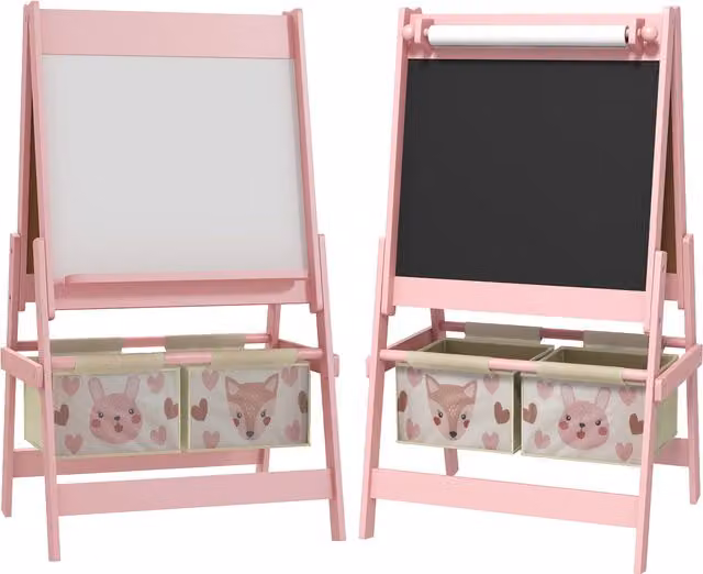 Caballete Infantil 3 en 1 AIYAPLAY de Doble Cara con Pizarras, Rollo de Papel y 2 Cestas, Rosa, An/P/Al: 54 x 46,5 x 93 cm