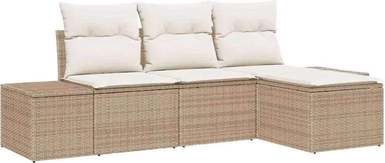 Conjunto de sofá de jardín Syfax en forma de L con otomana y cojines, color beige, con estructura de acero y ratán resistente a la intemperie