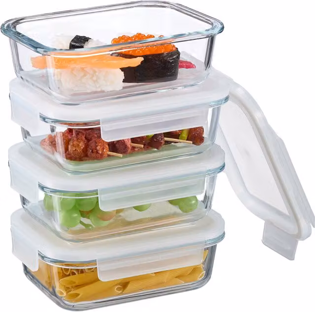 Set de 4 fiambreras herméticas de Relaxdays en cristal transparente con tapa de plástico y silicona, 0,64 l cada una