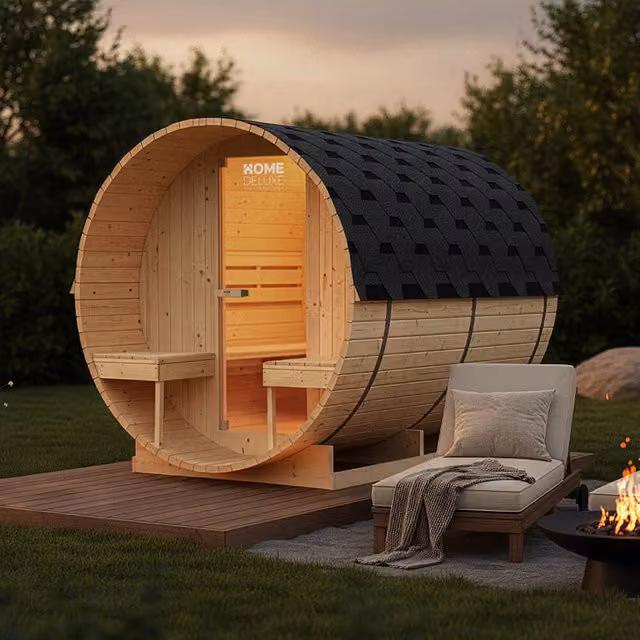 Sauna de barril exterior Home Deluxe Lahti Deluxe L de madera de abeto color marrón para 4 personas An/P/Al: 195 x 220 x 220 cm