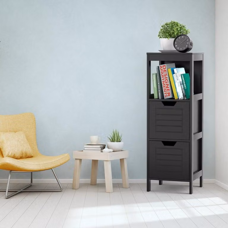 Cómoda de baño moderna B2X de madera en color negro con 2 cajones, An/P/Al: 30 x 30 x 89 cm