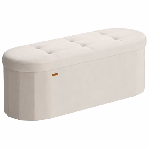Puff baúl de almacenaje y reposapiés plegable SONGMICS de terciopelo blanco, capacidad 110 l, An/P/Al: 110 x 38 x 38 cm