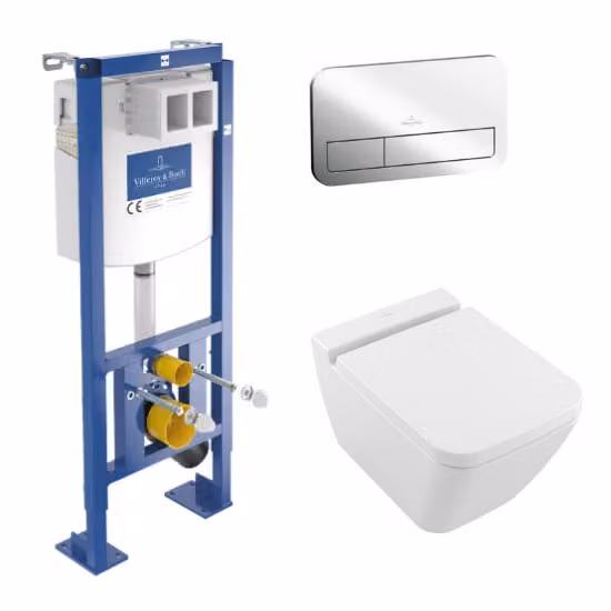 Pack de Inodoro Suspendido Villeroy & Boch Rimless en Cerámica Blanca con Asiento Soft Close, Placa Cromada y Estructura de Instalación Horizontal