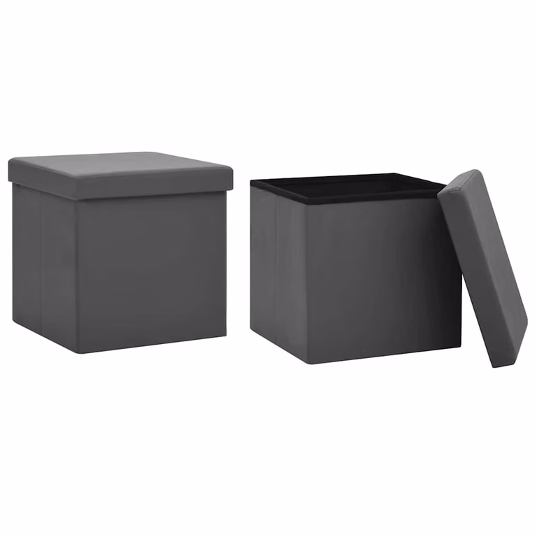 Set de 2 taburetes de almacenaje plegables vidaXL con acabado de piel sintética en color gris y diseño moderno tipo cubo