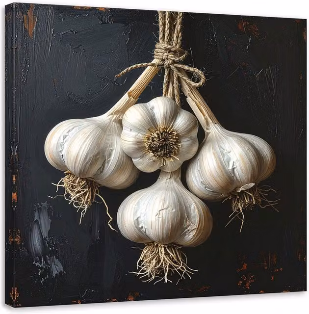 Cuadro en lienzo moderno de Feeby con ilustración botánica de verduras de ajo, color blanco, An/An/Al: 20 x 20 x 1 cm