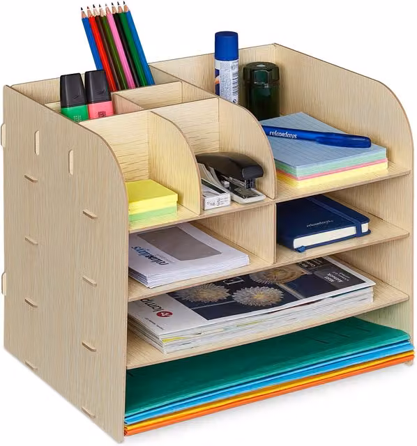 Organizador de escritorio Relaxdays con 10 compartimentos, color marrón, An/P/Al: 27,5 x 32,5 x 25 cm