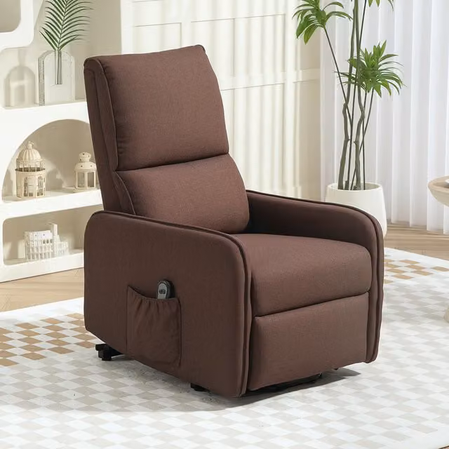Sillón Reclinable Eléctrico con Elevador PZCC, Tapizado en Tela Efecto Lino con Reclinación de 135°, Control Remoto y Bolsillo Lateral, Color Marrón Oscuro