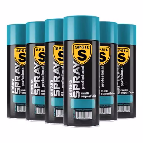 Pack de 6 unidades de Pintura Spray Profesional SPSIL Brillante Color Turquesa de 200 ml para Metal, Madera y Plástico con Secado Rápido
