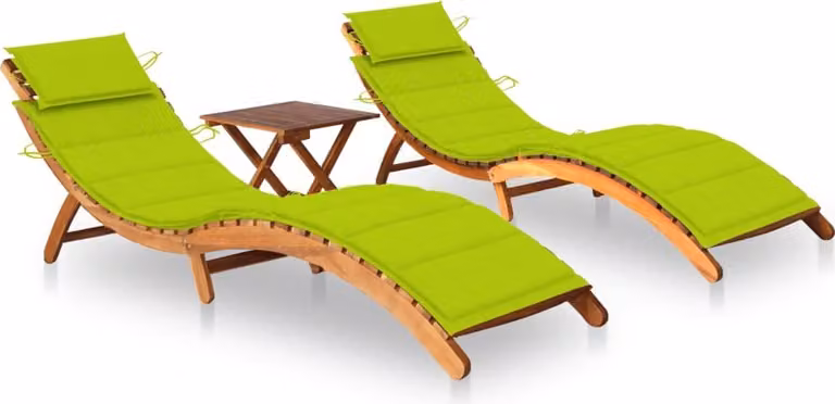 Set de 2 tumbonas Syfax con mesa y cojines verdes de madera de acacia aceitada para jardín o terraza