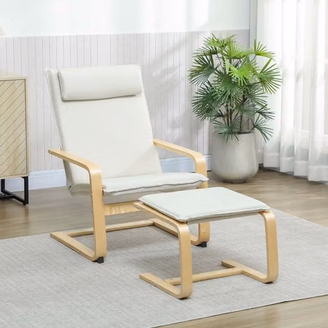 Sillón de lectura HOMCOM con reposapiés, respaldo alto con reposacabezas extraíble, estructura de madera maciza y tapizado en lino color beige