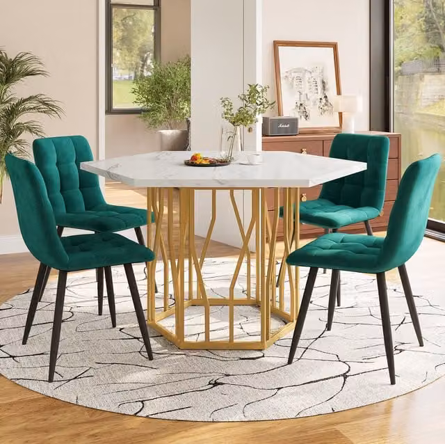Conjunto de comedor BEAOK de 5 piezas con mesa rectangular y 4 sillas en MDF efecto mármol blanco, acero dorado y acabado verde, An/P/Al: 115,5 x 100 x 75 cm