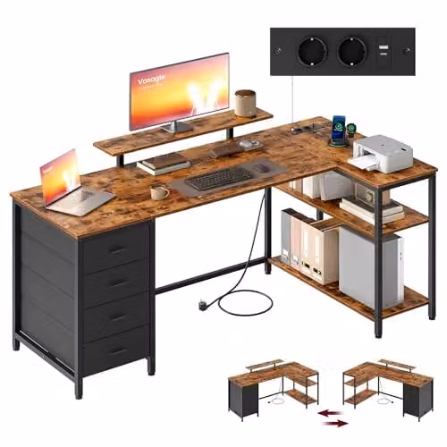 VASAGLE Escritorio esquinero en L con enchufes y USB, 4 cajones, reversible y con soporte para monitor en acabado rústico marrón y negro, An/P/Al: 160 x 80 x 76 cm
