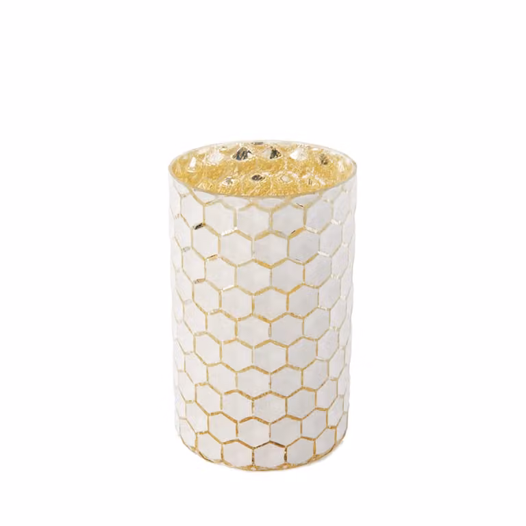 Portavelas decorativo de vidrio Sia Deco en blanco y dorado para velas tealight o pillar, diseño geométrico redondo, An/P/Al: 13 x 13 x 20 cm