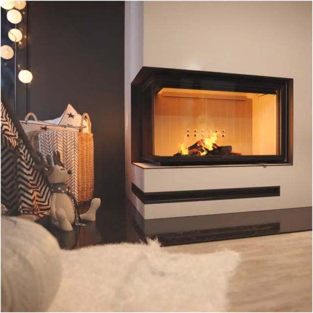 Chimenea de leña Kratki Bricosol de acero color negro con salida a la izquierda, potencia de 15 kW y diámetro de 200 mm