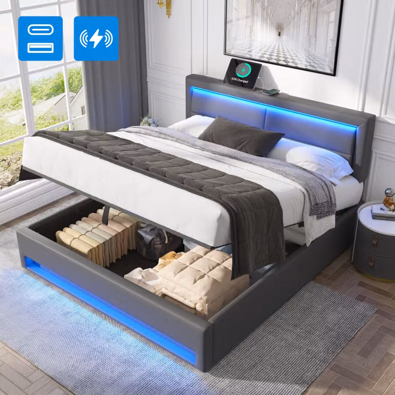 Cama doble tapizada MODFU en color gris con puerto USB, iluminación LED y almacenamiento, incluye colchón, An/P: 160 x 200 cm