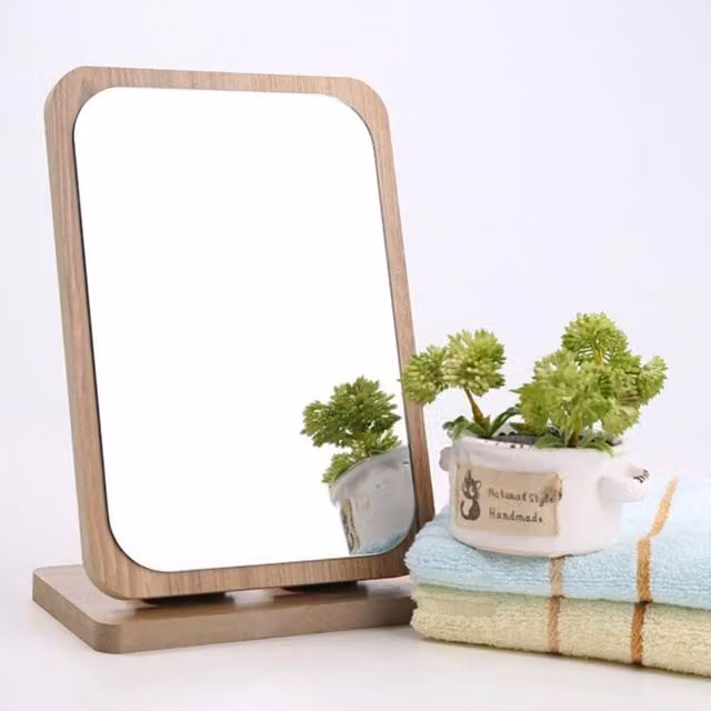 Espejo de maquillaje Elle redondo con marco de madera marrón y base de mesa portátil con rotación de 90 grados