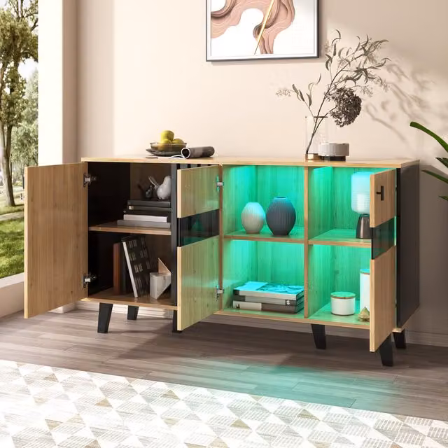 Aparador y bufé moderno MODENVIE con 3 puertas, estantes, cristal e iluminación LED para salón o comedor, acabado mate en marrón y negro, An/P/Al: 140 x 41 x 78,5 cm