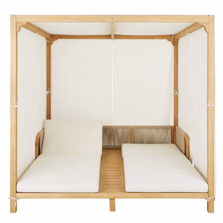 Tumbona doble de exterior Maison du Monde en madera de eucalipto FSC con toldo blanco y reposacabezas ajustable