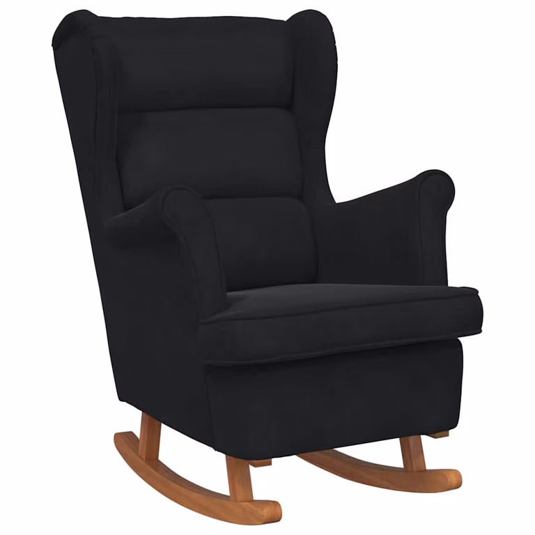 Mecedora de respaldo alto vidaXL en terciopelo negro y madera maciza de caucho, An/P/Al: 102 x 90 x 110 cm