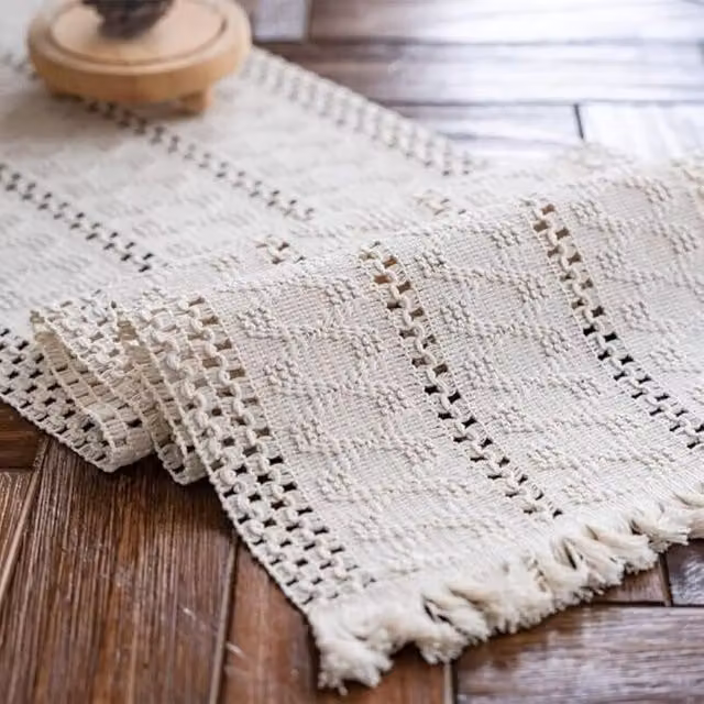 Camino de mesa de macramé XISRENS en algodón beige estilo bohemio con borlas, An/Al: 30 x 120 cm