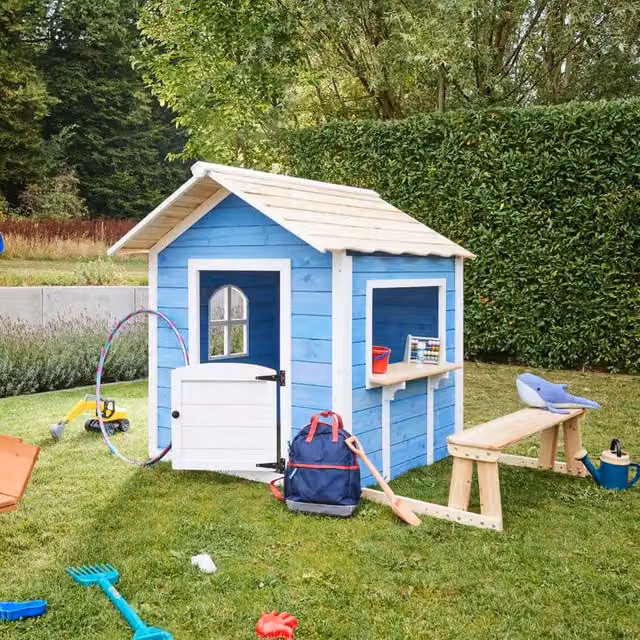 Casita de juegos Home Deluxe THE BIG PALACE de madera en color azul con banco, An/P/Al: 106 x 111 x 111 cm