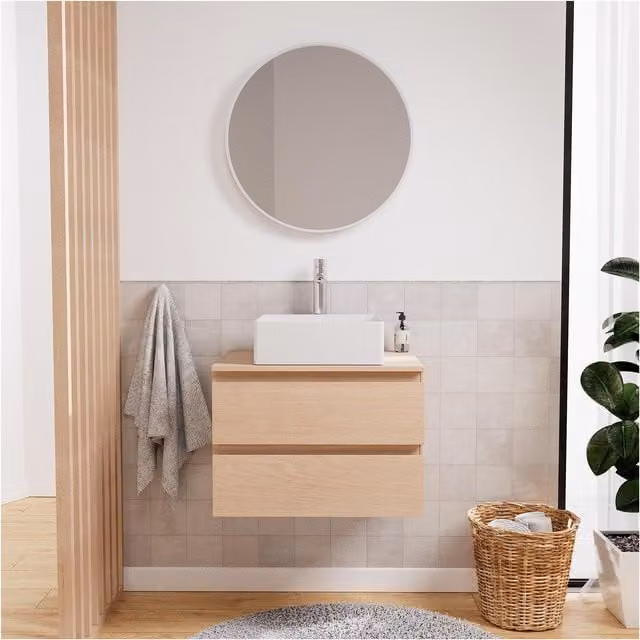 Conjunto de mueble lavabo Sorrento con lavabo, grifo y espejo en acabado roble y beige, diseño moderno suspendido An/P/Al: 60 x 46 x 45 cm
