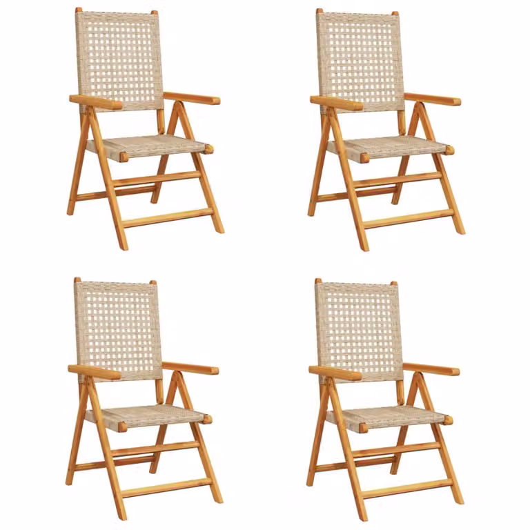 Set de 4 sillas de jardín reclinables Syfax en ratán PE y madera de acacia color beige con cojines incluidos