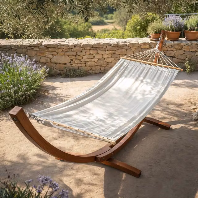 Hamaca de pie Oviala de madera de alerce tratada y tejido textilene en color blanco para jardín
