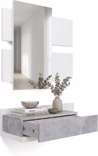 Mueble recibidor Milo de Duehome con espejo y un cajón en blanco y gris cemento, An/P/Al: 75 x 29 x 116 cm