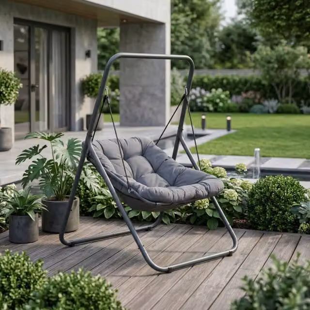 Silla colgante tipo huevo HAPPERS con soporte de metal gris y cojines para jardín o terraza
