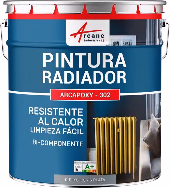 Pintura Arcapoxy 302 de Arcane Industries para radiadores de hierro fundido y aluminio, color gris plata RAL 7001, acabado satinado, 1 kg