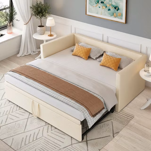 Sofá cama NAHILIMI con cama nido, tapizado en terciopelo beige, estructura metálica y somier de lamas, An/P/Al: 180 x 200 x 74 cm