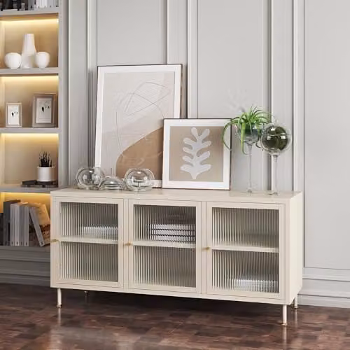 Mueble de TV Lindau en.casa con 3 puertas de vidrio y estructura de metal, color blanco crema, An/P/Al: 120 x 40 x 59 cm