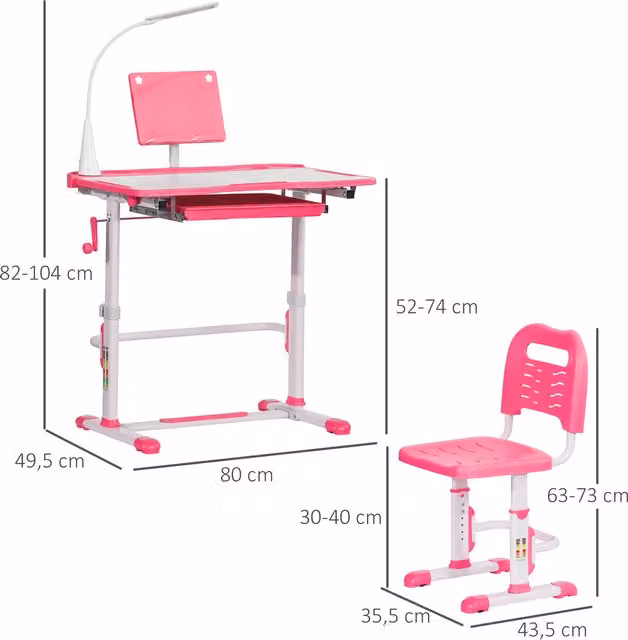 Set de escritorio y silla ajustable HOMCOM para niños de más de 6 años, color rosa, con superficie inclinable. Dimensiones escritorio: An 80 cm, P 49,5 cm, Al 82-104 cm; Dimensiones silla: An 35,5 cm, P 43,5 cm, Al 63-73 cm.