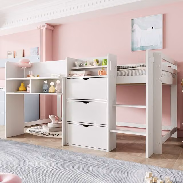 Cama de altura media con forma de casa KELLANY para niños en color blanco, con compartimentos de almacenamiento y zona de entretenimiento, An/P: 90 x 200 cm