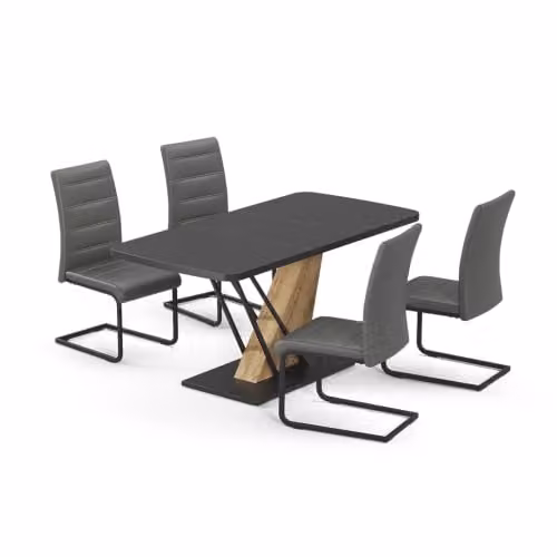 Set de comedor Vicco Fenaro con mesa rectangular y 4 sillas, Negro/Roble Dorado y Gris, An/P/Al: 120 x 80 x 76 cm