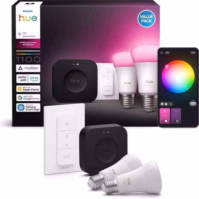 Kit de inicio Philips Hue White & Color Ambiance con 2 bombillas LED inteligentes E27, Bridge Pro y regulador de intensidad