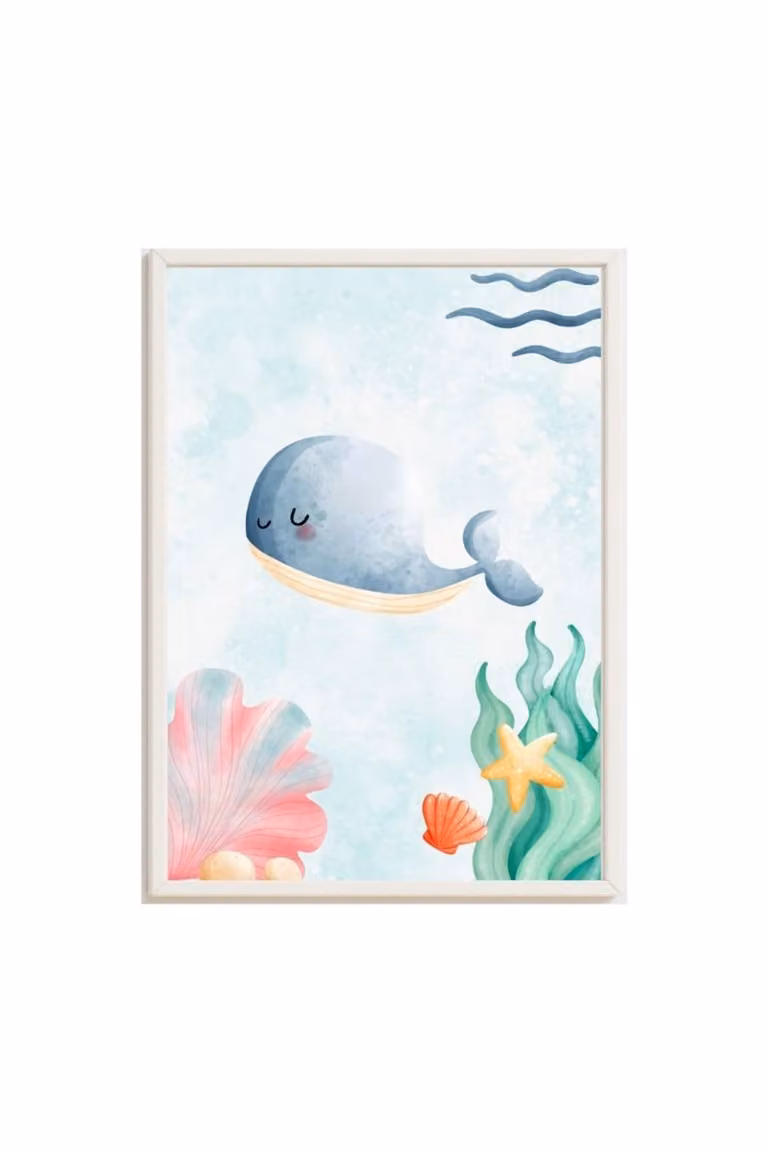Cuadro infantil de ballena azul y motivos de la naturaleza de Crochetts, multicolor y blanco, An/Al: 43 x 33 cm