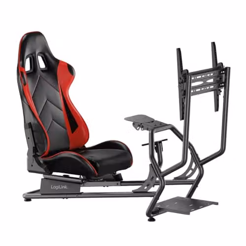Cockpit de simulador de carreras LogiLink con soporte para monitor y silla gaming en color negro y acabado de piel sintética