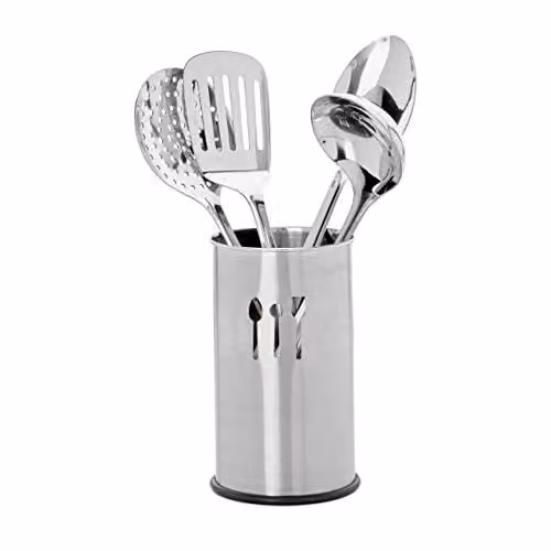 Set de 5 utensilios de cocina de acero inoxidable con soporte de Relaxdays en color plateado