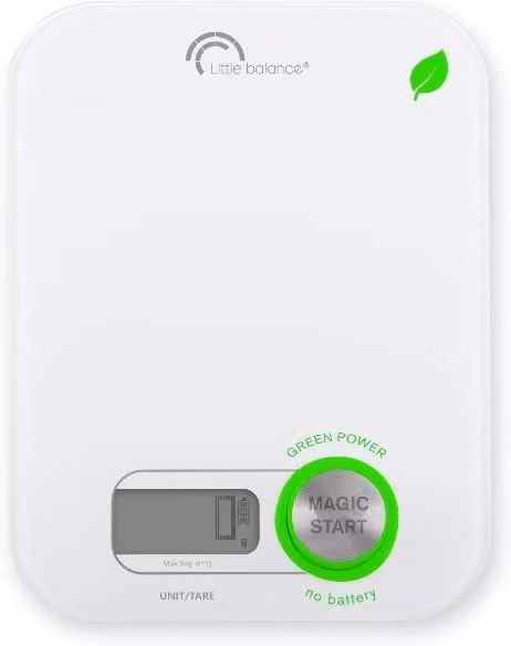 Báscula de cocina electrónica Little Balance con pantalla digital y función tara, color blanco y verde, capacidad de 5 kg