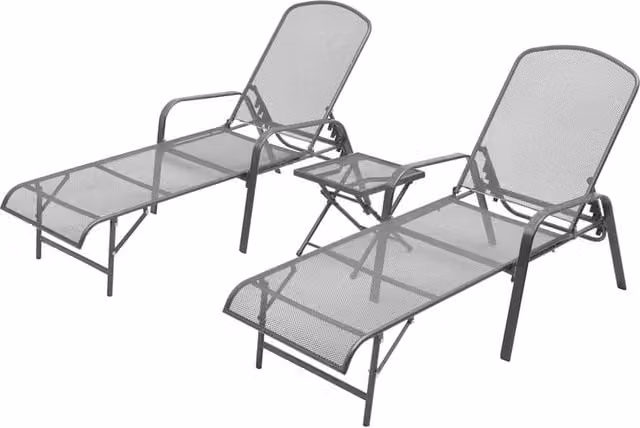 Set de 2 tumbonas SYFAX con mesita lateral en acero gris antracita y tejido textilene con reposacabezas ajustable