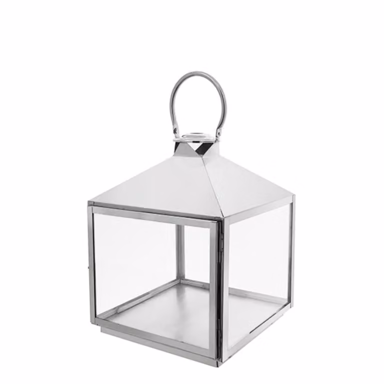 Farol decorativo de mesa Sia Deco en color plata con acabado de vidrio y metal, diseño moderno y cuadrado, Altura: 45 cm