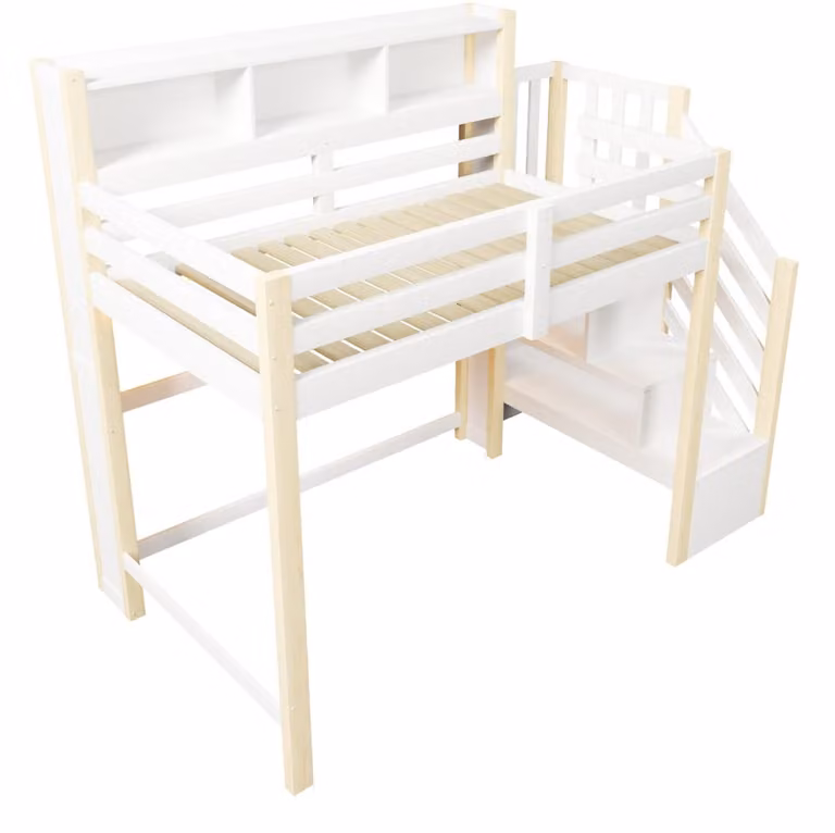 Cama alta infantil REDOM de pino en blanco y beige con iluminación LED, escalera con almacenaje y zona de juego, An/P/Al: 90 x 200 x 175 cm