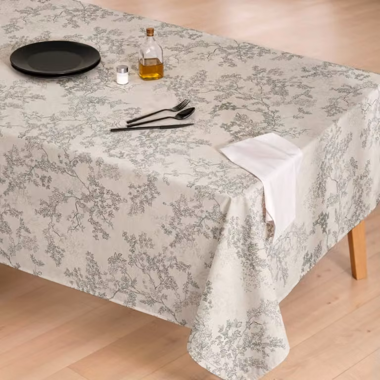 Mantel de algodón antimanchas con diseño floral moderno en colores verde, beige y gris, An/P: 155 x 250 cm