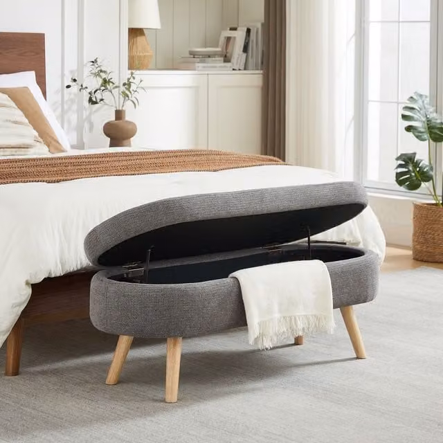 Banco con almacenamiento Redom de diseño moderno en chenilla gris, An/P/Al: 110 x 40 x 42 cm