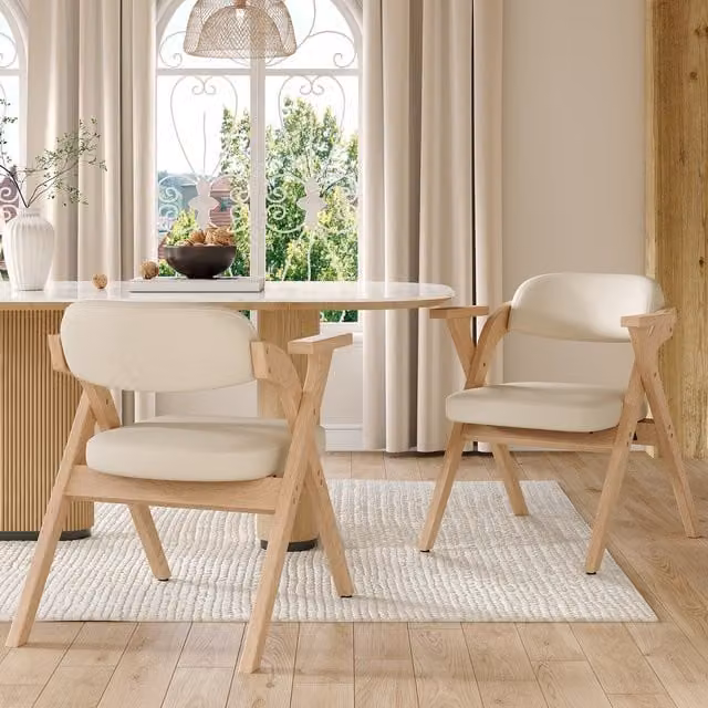 Juego de 2 sillas plegables MODFU con reposabrazos, estructura de madera maciza y asiento de lino en color beige