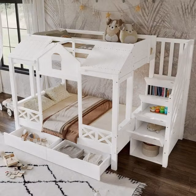 Litera infantil con diseño de casita modenvie en madera de pino y blanco, con escalera con compartimentos y 2 cajones, sin colchón, An/P/Al: 254,5 x 126 x 170 cm y 254,5 x 145 x 170 cm